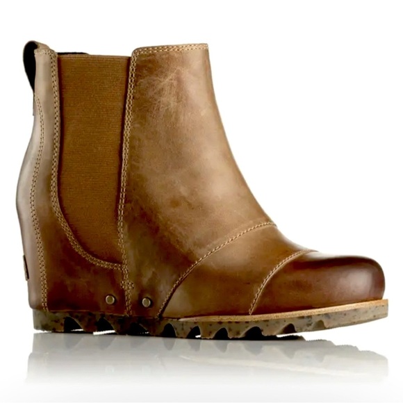 Sorel Women’s Lea Wedge Platform Booties Boots Leather  in Elk Curry Size 7 - Picture 1 of 12